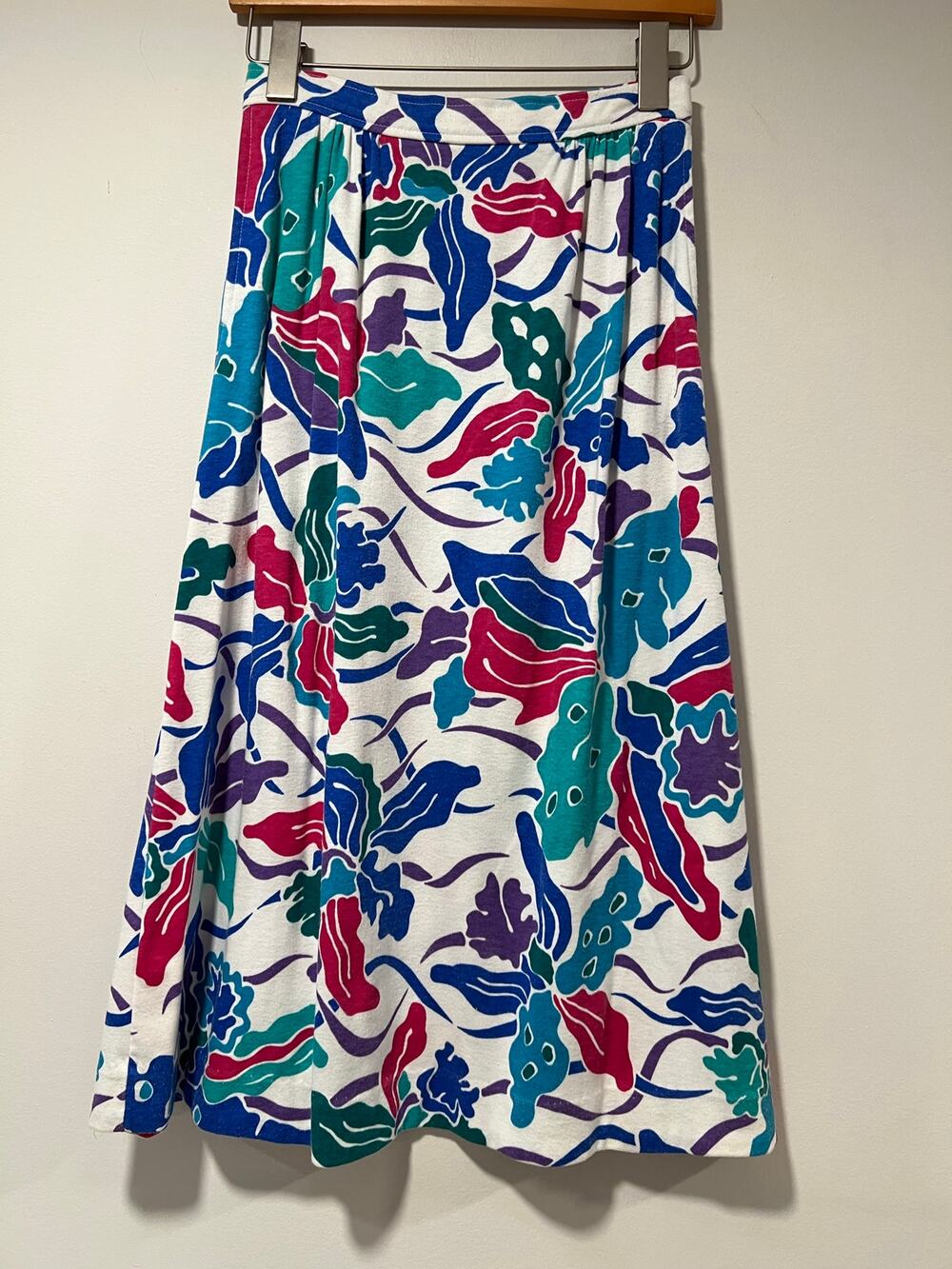Vintage Floral Cotton Midi Skirt White Vibrant Blue & Pink Size Small